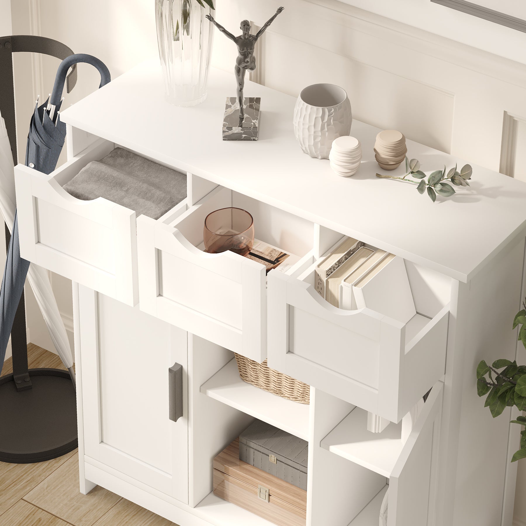 3 Drawers Open Shelf White Cabinets & Shelves