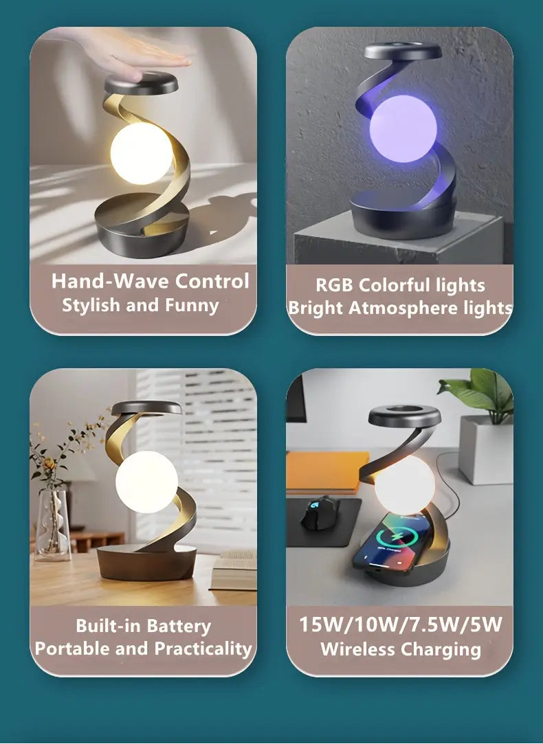 Multifunctional LED lamp with hand-wave control, RGB lighting, battery, and wireless charging features.