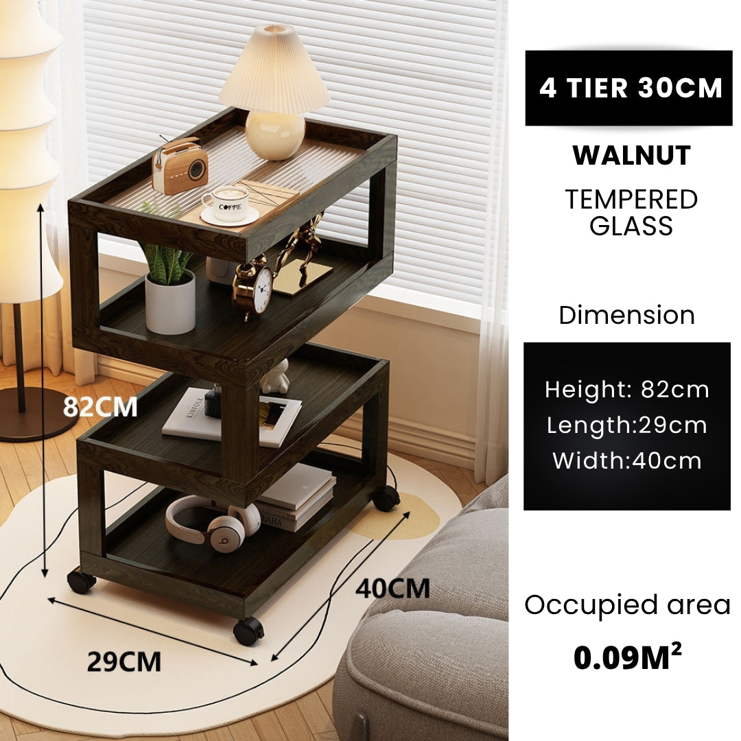 3 Tiers Tempered Glass Nightstand End Table with Wheels