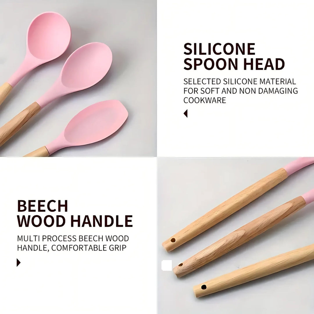 19pcs Silicone Kitchen Utensil Set With Wooden Handles