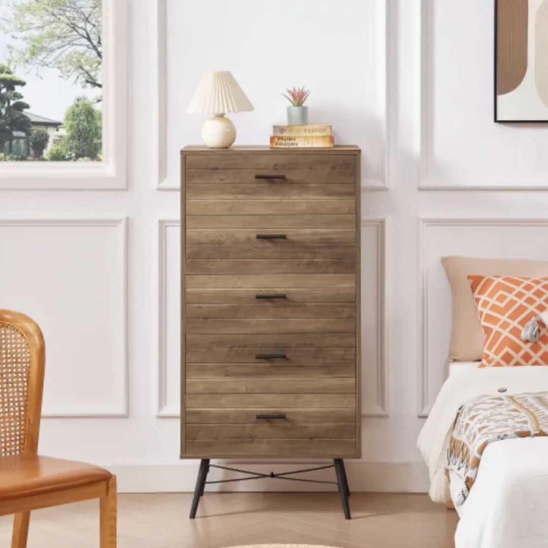 Rustic Walnut 5-Drawer Dresser Chest