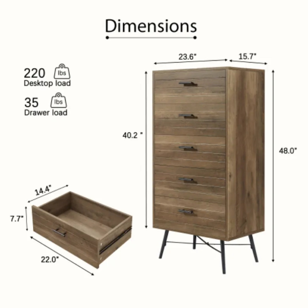 Rustic Walnut 5-Drawer Dresser Chest