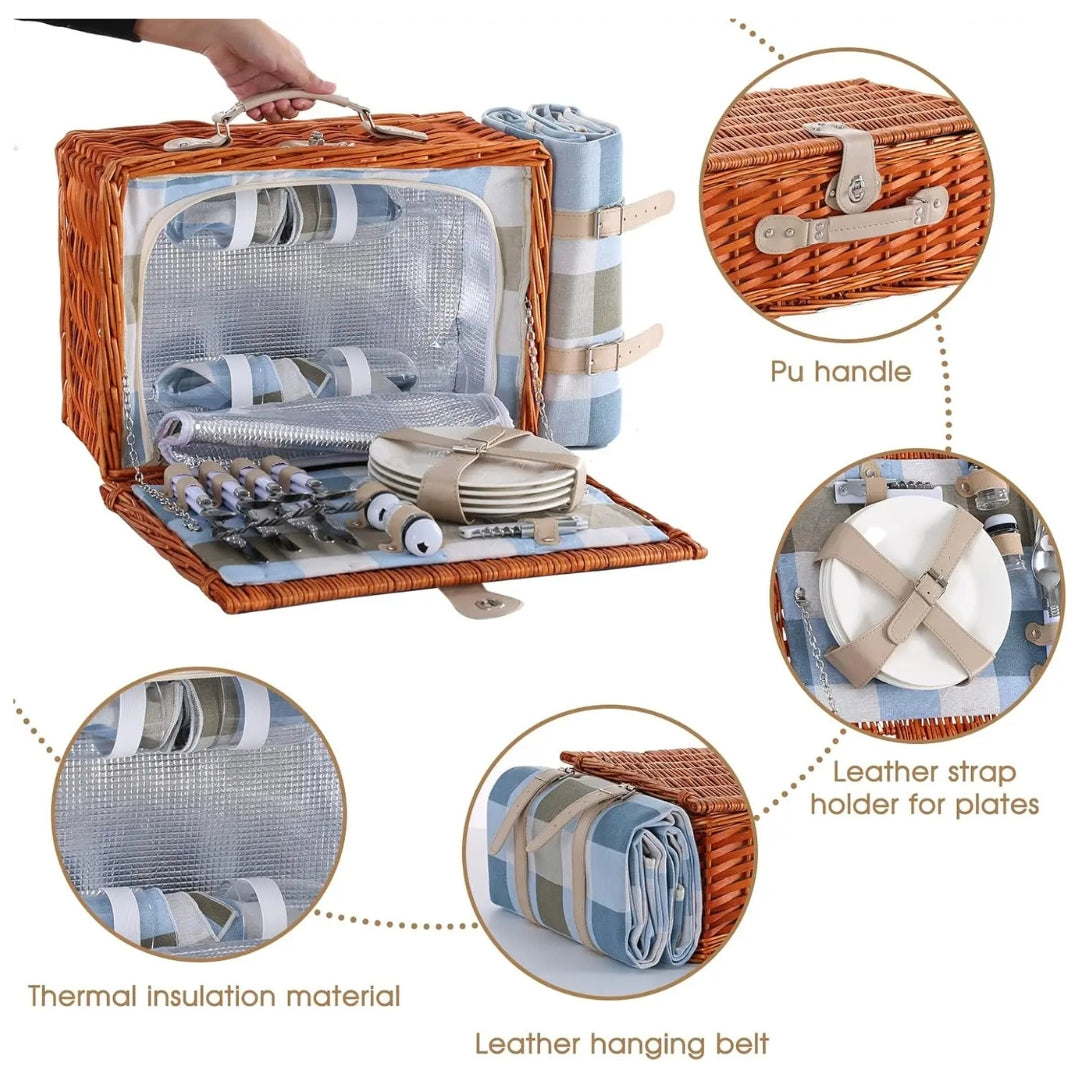 Outdoor Wicker Picnic Basket Set for 2-4 Pax