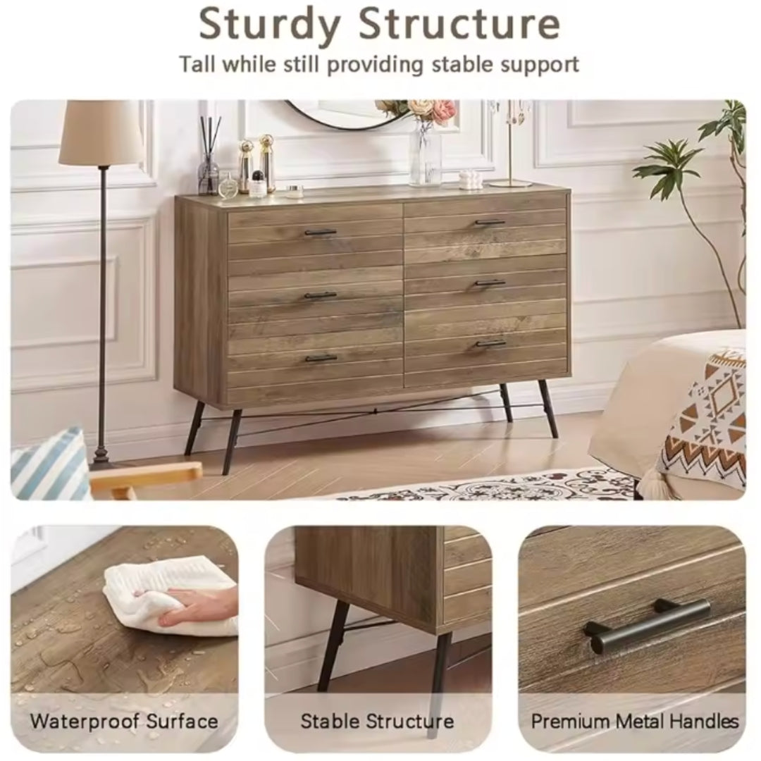 Rustic Walnut 6-Drawer Storage Cabinet Dresser & TV Stand