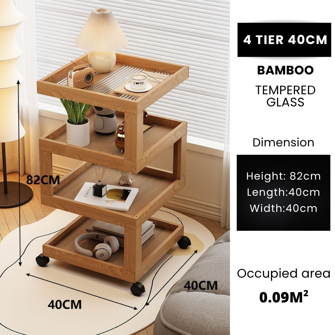 3 Tiers Tempered Glass Nightstand End Table with Wheels