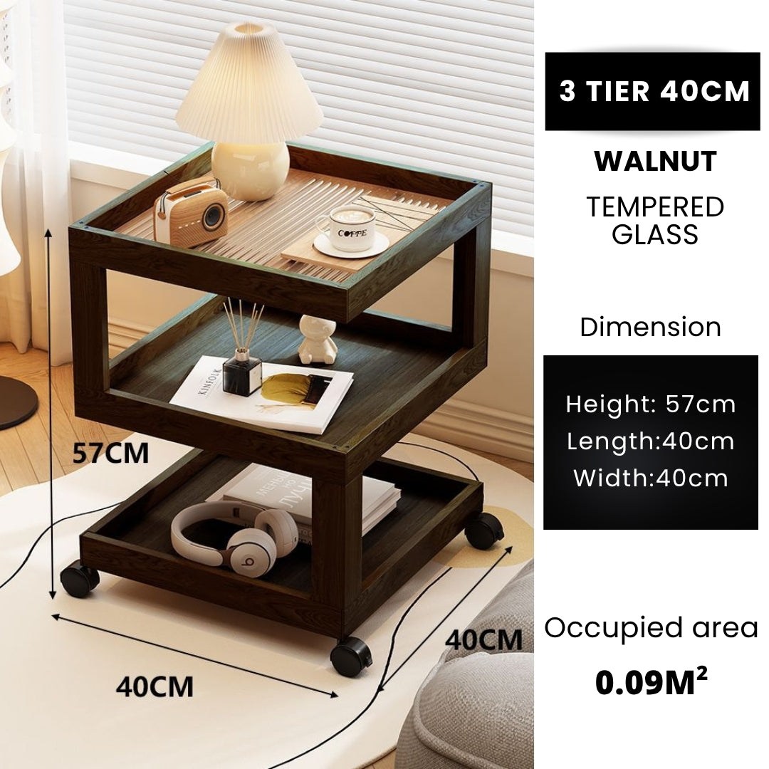 3 Tiers Tempered Glass Nightstand End Table with Wheels