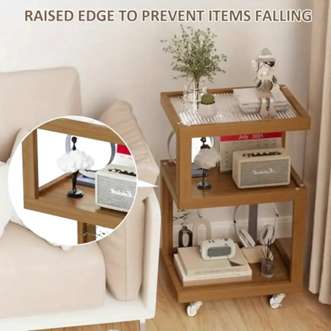 3 Tiers Tempered Glass Nightstand End Table with Wheels