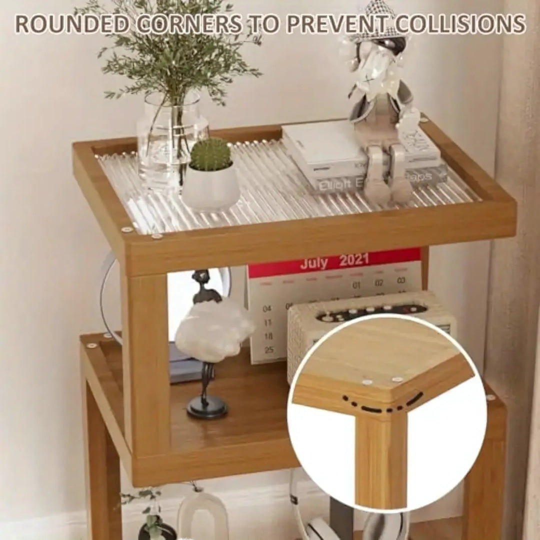 3 Tiers Tempered Glass Nightstand End Table with Wheels