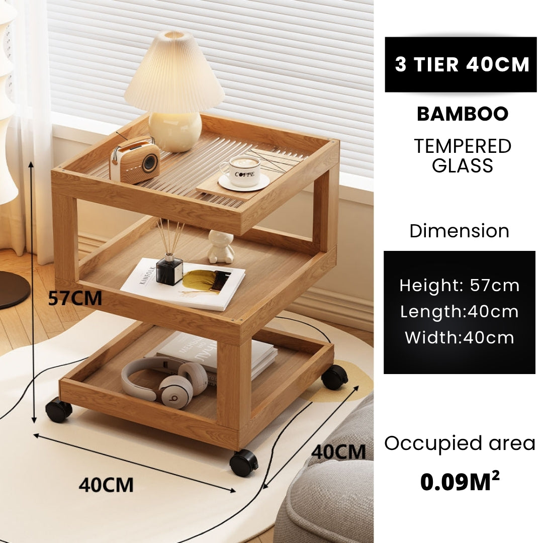 3 Tiers Tempered Glass Nightstand End Table with Wheels