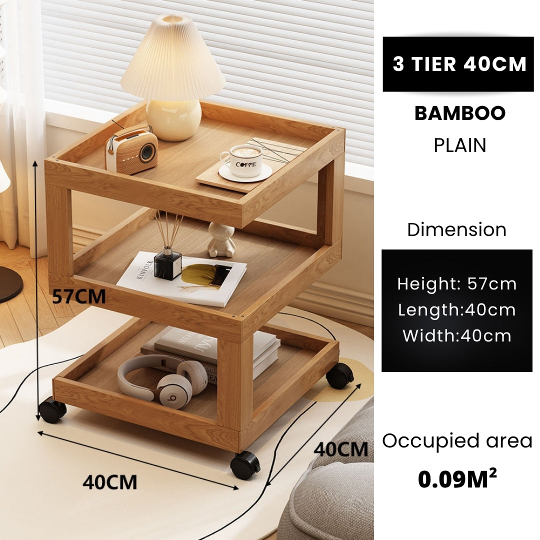 3 Tiers Tempered Glass Nightstand End Table with Wheels