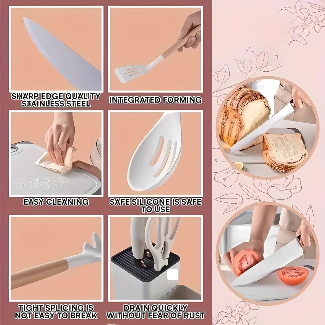 19pcs Silicone Kitchen Utensil Set With Wooden Handles