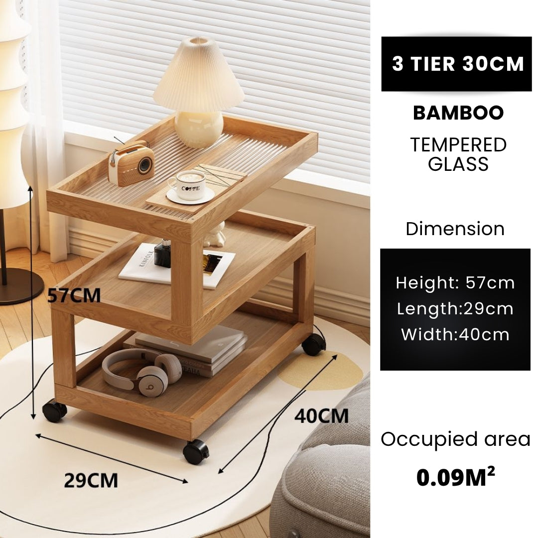 3 Tiers Tempered Glass Nightstand End Table with Wheels