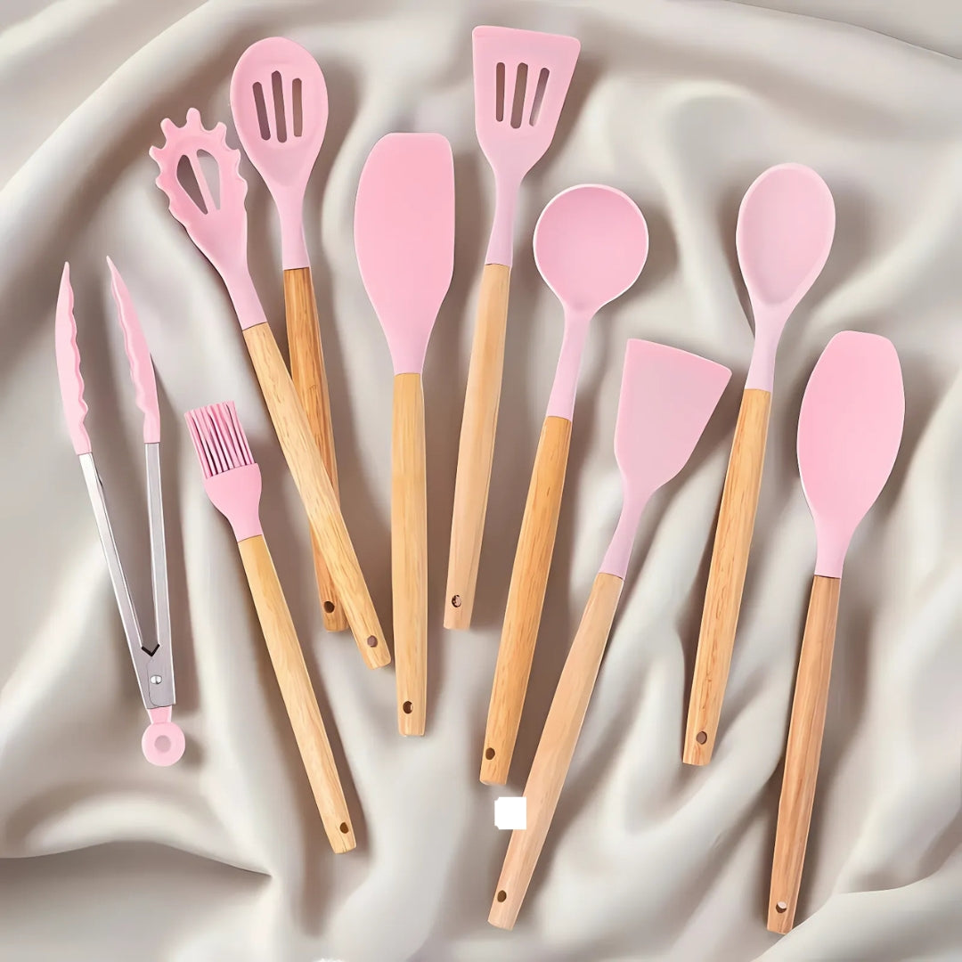 19pcs Silicone Kitchen Utensil Set With Wooden Handles