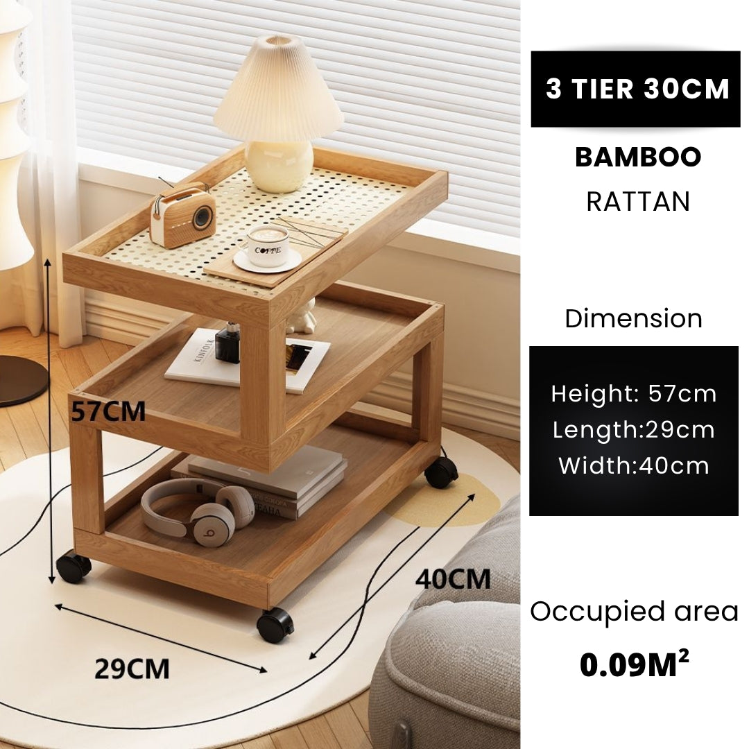3 Tiers Tempered Glass Nightstand End Table with Wheels