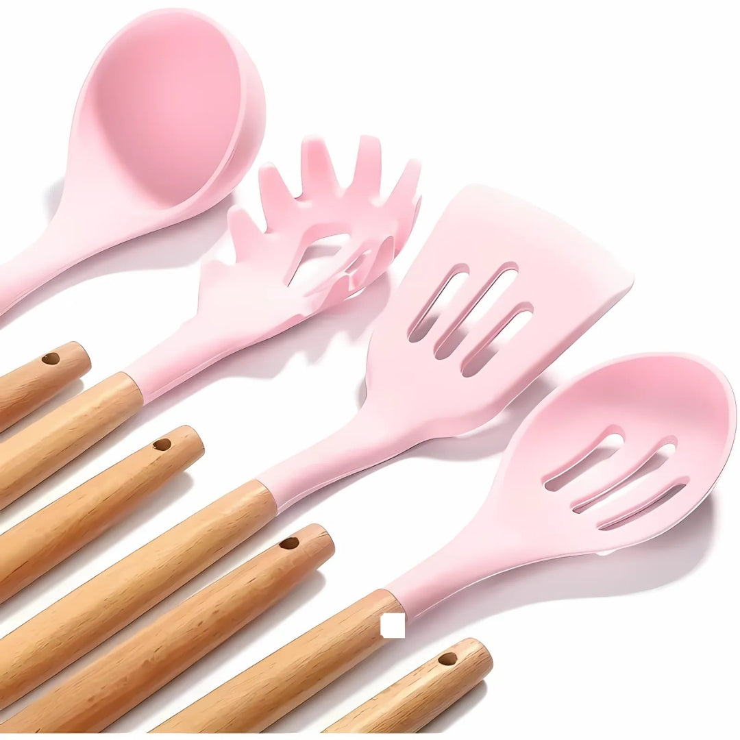 19pcs Silicone Kitchen Utensil Set With Wooden Handles