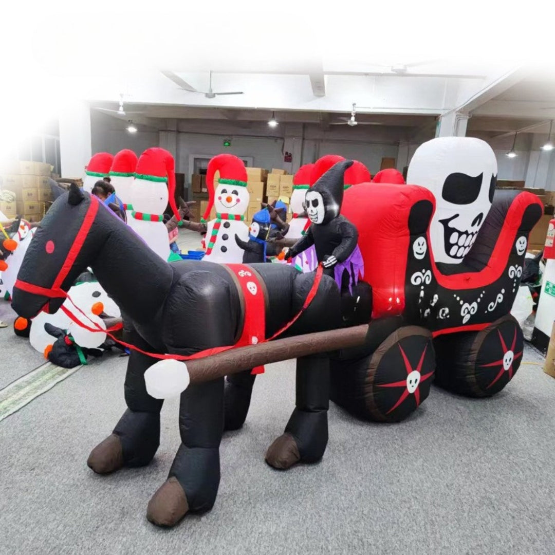 Inflatable skeleton horse and carriage with snowmen in the background