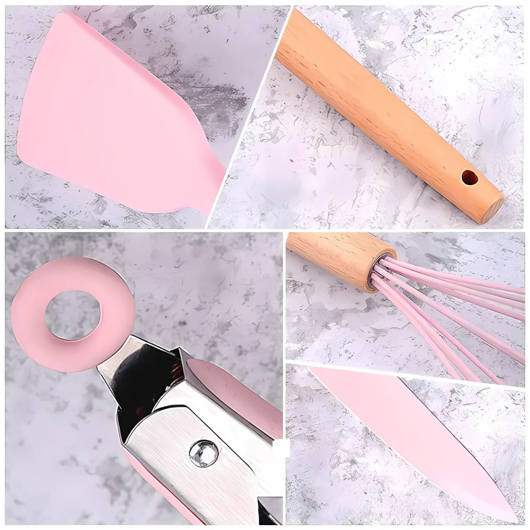 19pcs Silicone Kitchen Utensil Set With Wooden Handles