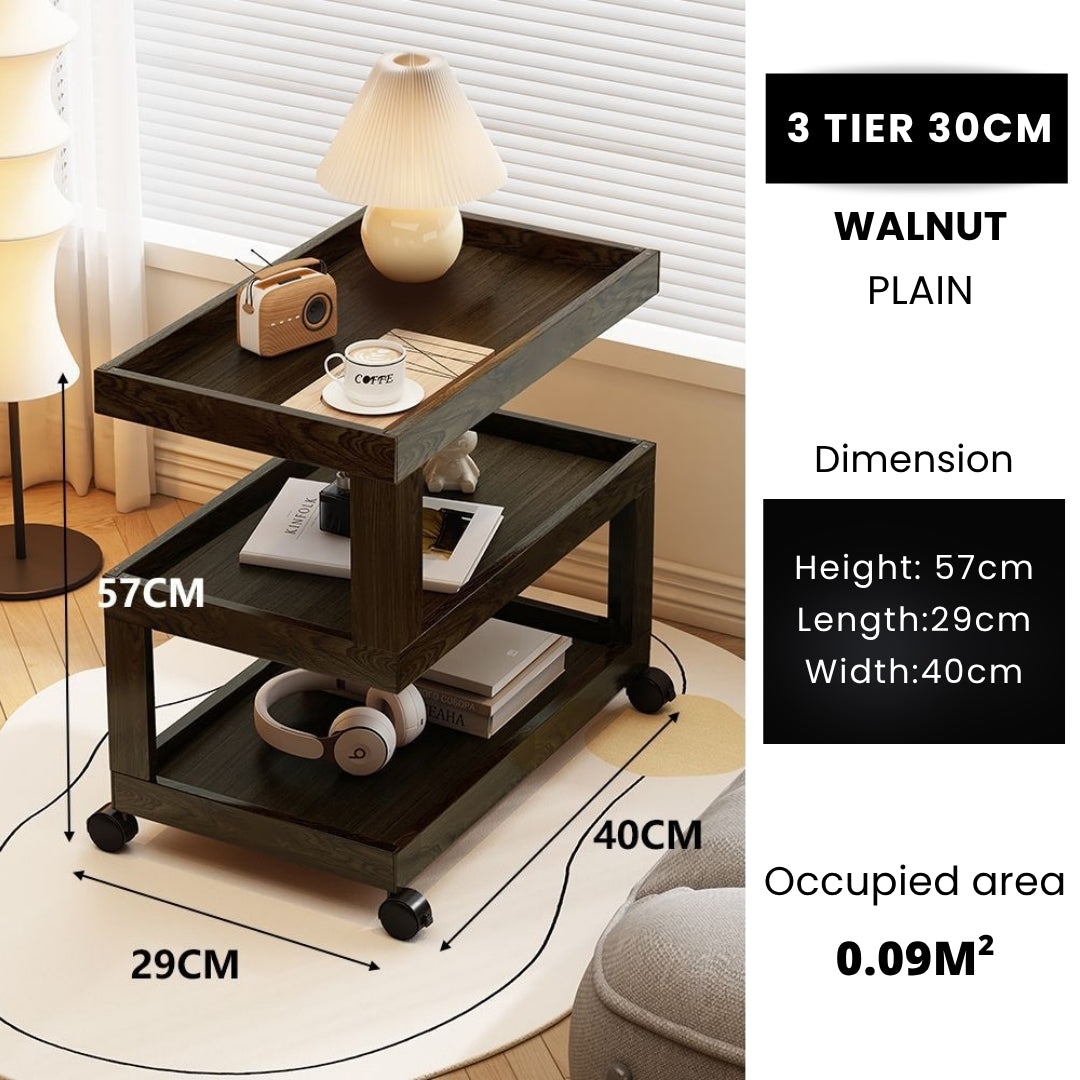 3 Tiers Tempered Glass Nightstand End Table with Wheels
