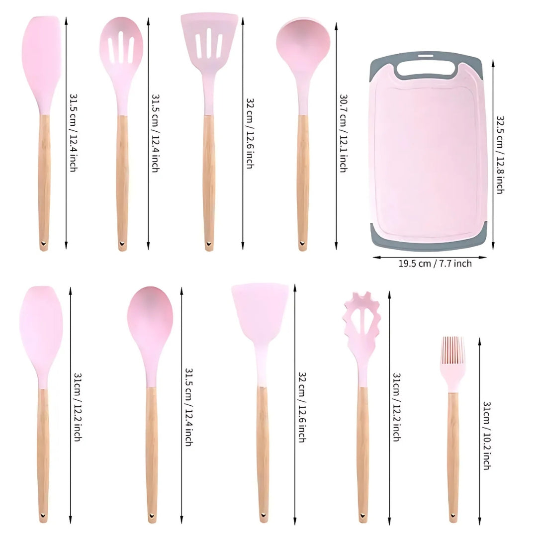 19pcs Silicone Kitchen Utensil Set With Wooden Handles