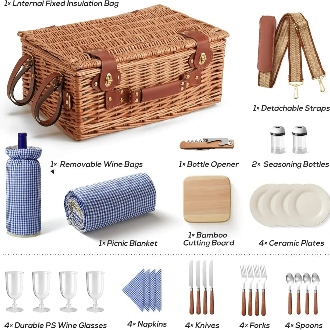 Outdoor Wicker Picnic Basket Set for 2-4 Pax