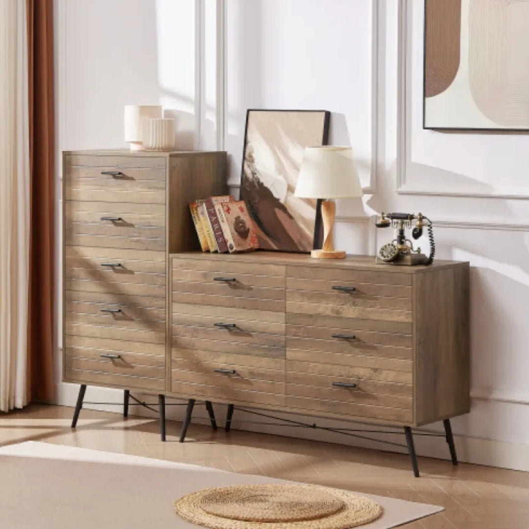 Rustic Walnut 6-Drawer Storage Cabinet Dresser & TV Stand