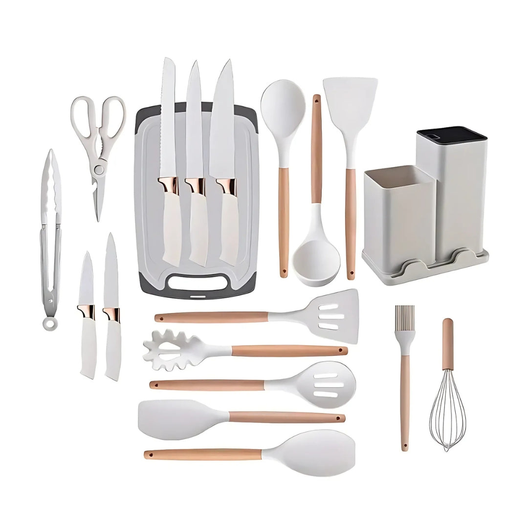 19pcs Silicone Kitchen Utensil Set With Wooden Handles
