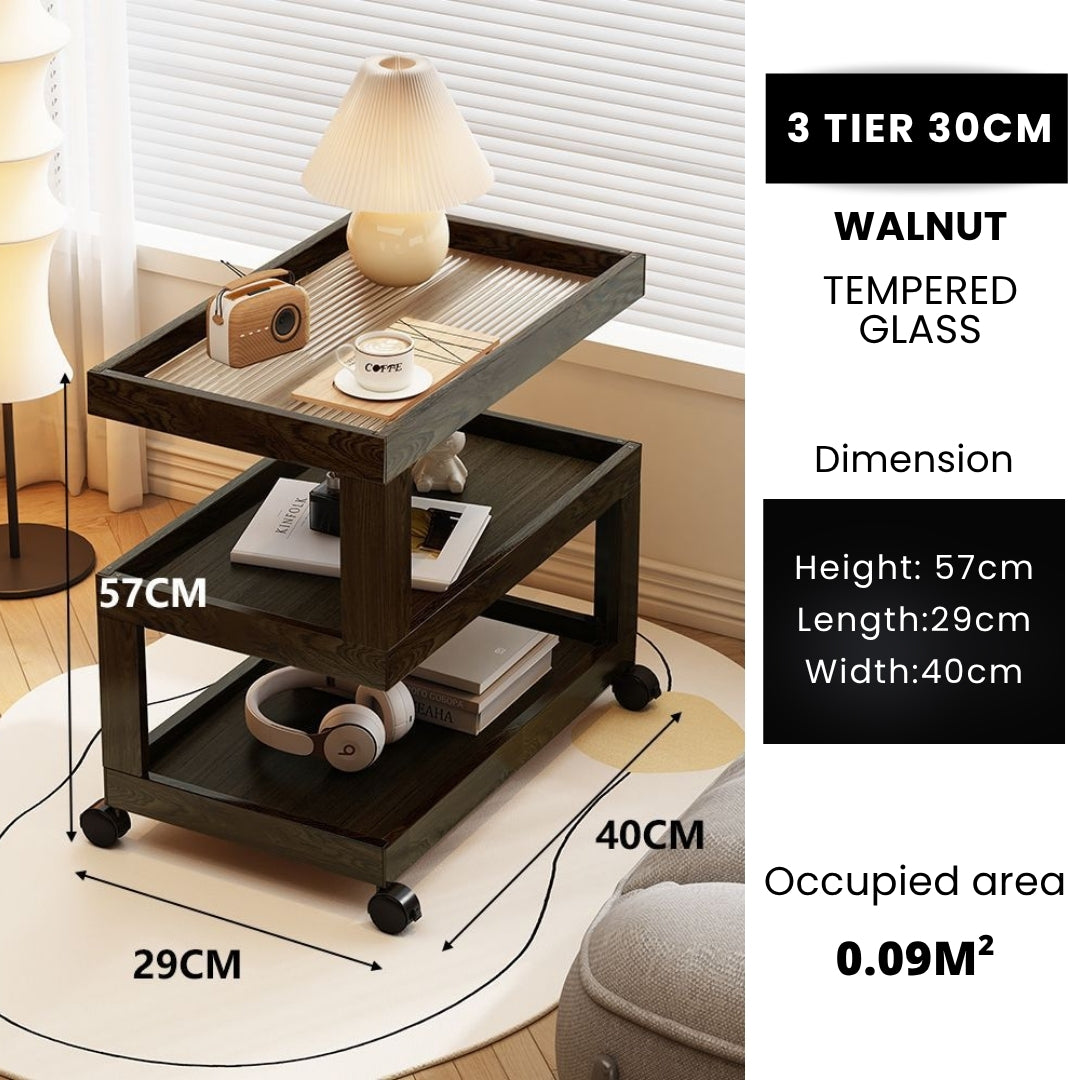 3 Tiers Tempered Glass Nightstand End Table with Wheels