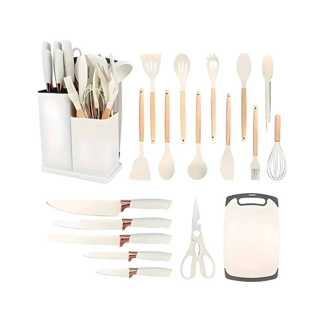 19pcs Silicone Kitchen Utensil Set With Wooden Handles