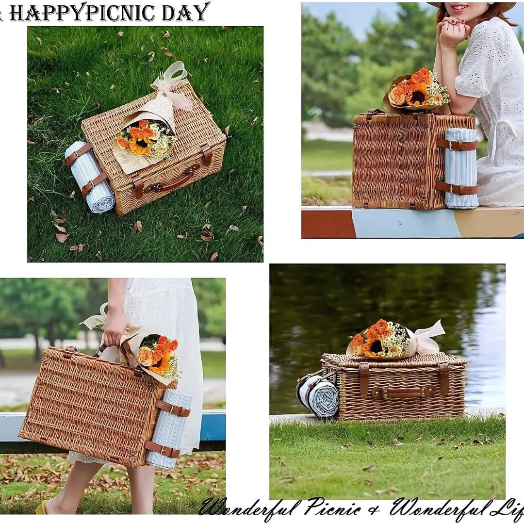 Outdoor Wicker Picnic Basket Set for 2-4 Pax