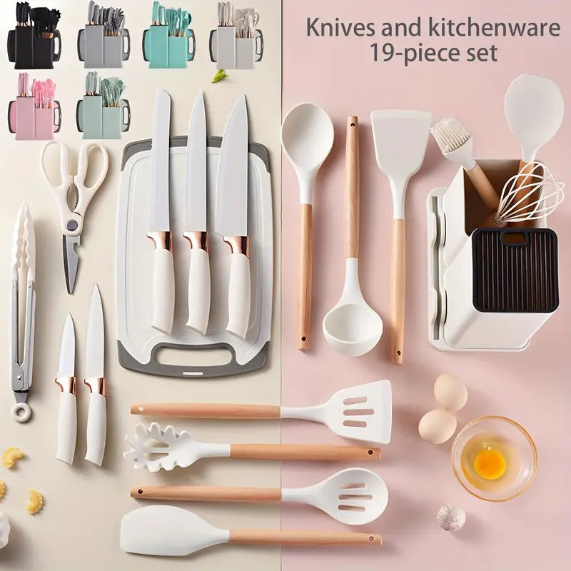 19pcs Silicone Kitchen Utensil Set With Wooden Handles