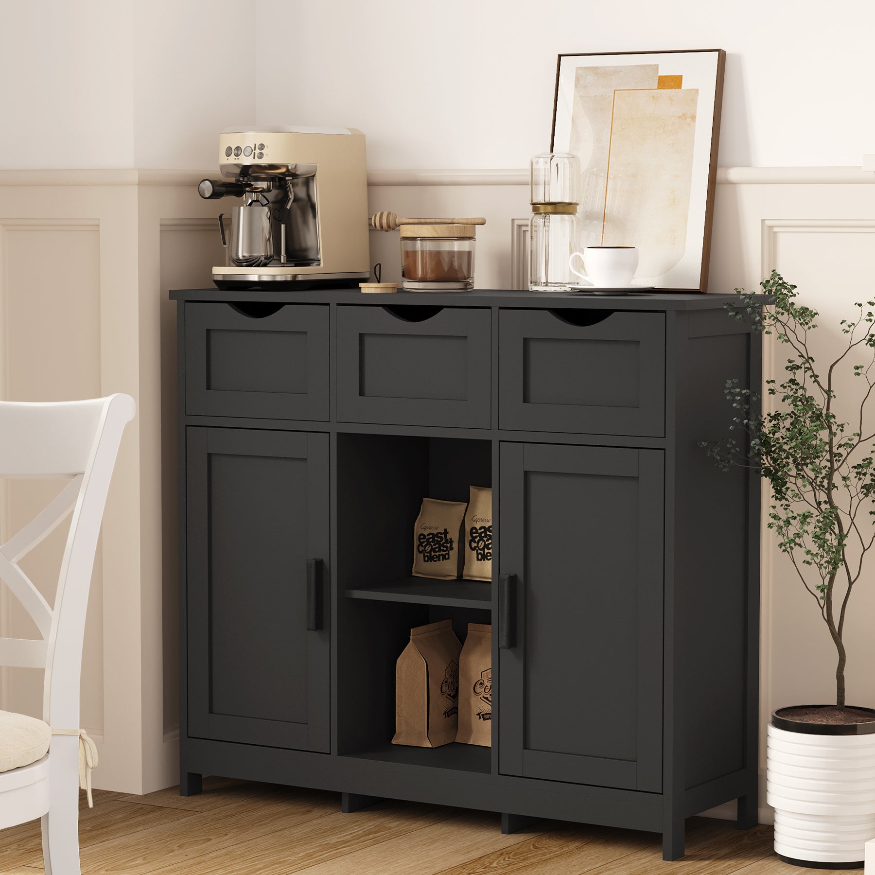 35" Double Doors Storage Cabinet with Open Shelf Drawers