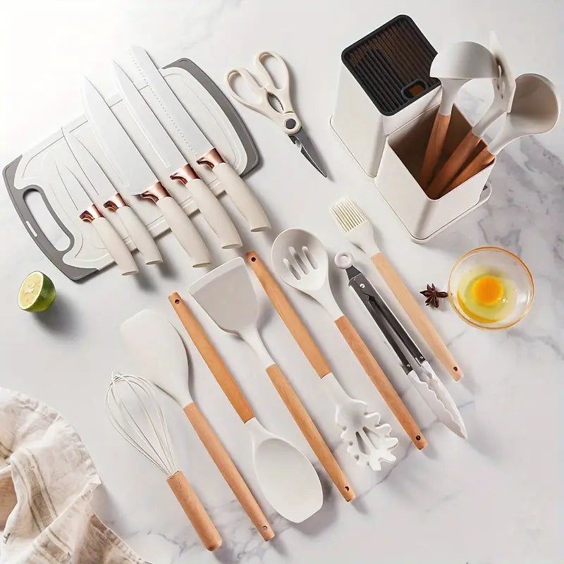 19pcs Silicone Kitchen Utensil Set With Wooden Handles