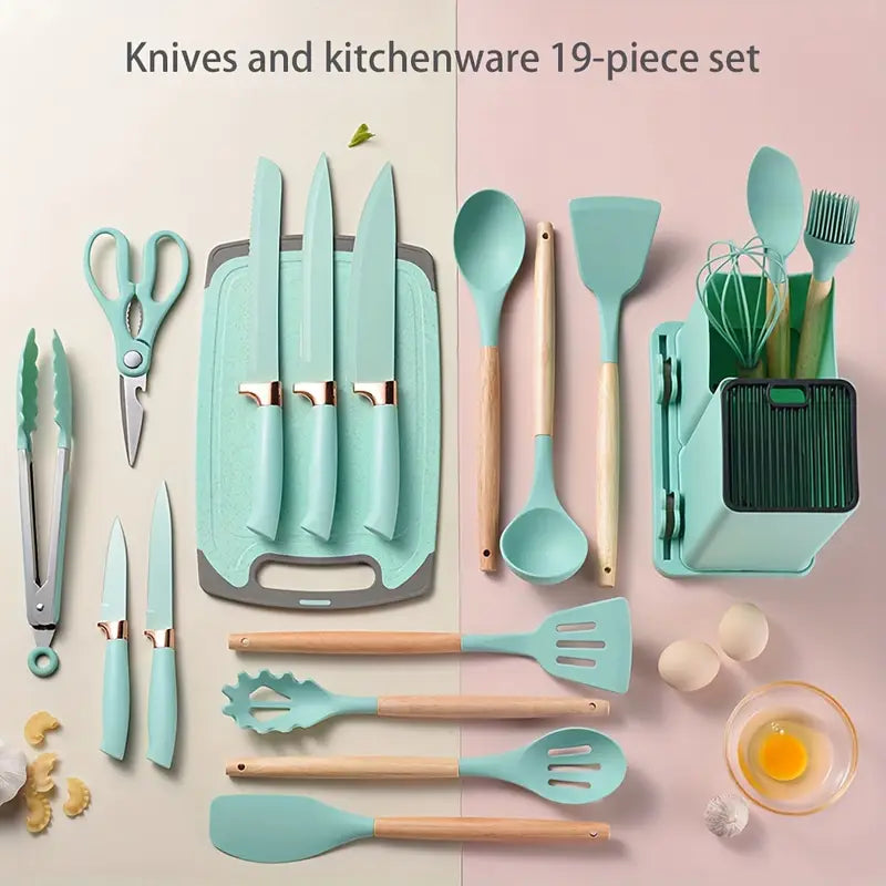 19pcs Silicone Kitchen Utensil Set With Wooden Handles