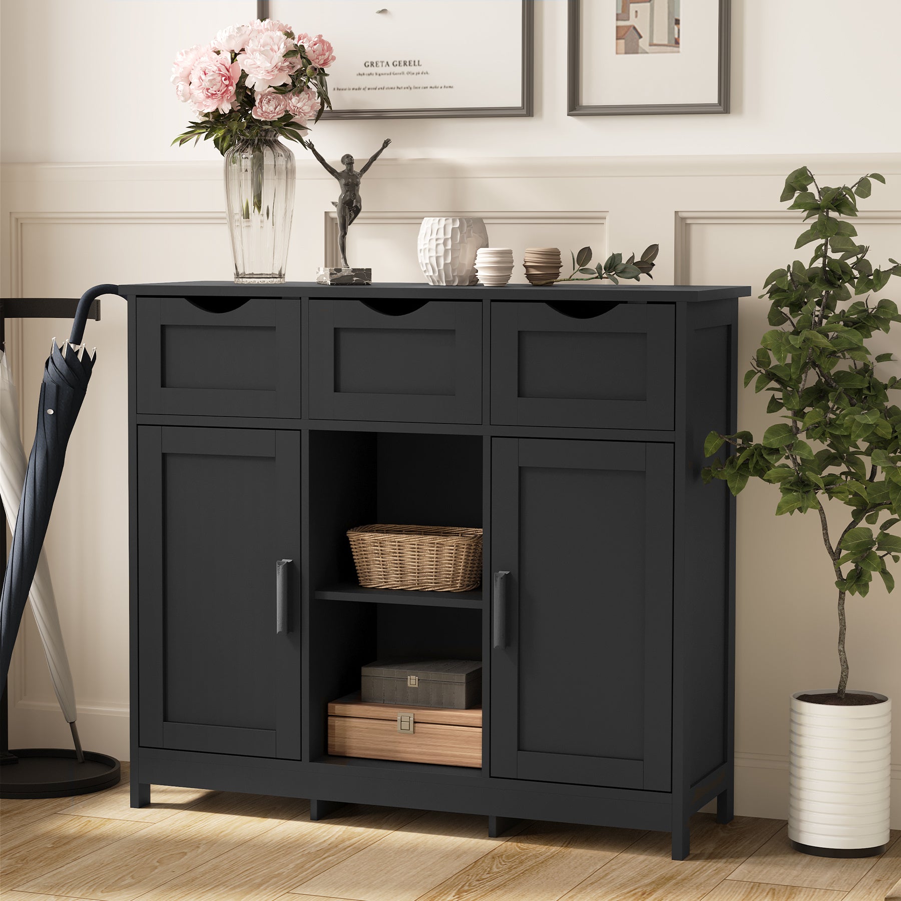 35" Double Doors Storage Cabinet with Open Shelf Drawers