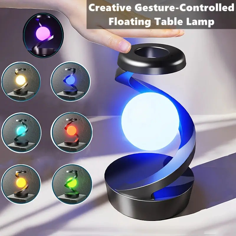Creative gesture-controlled floating table lamp with colorful lights and a hand interacting with it.