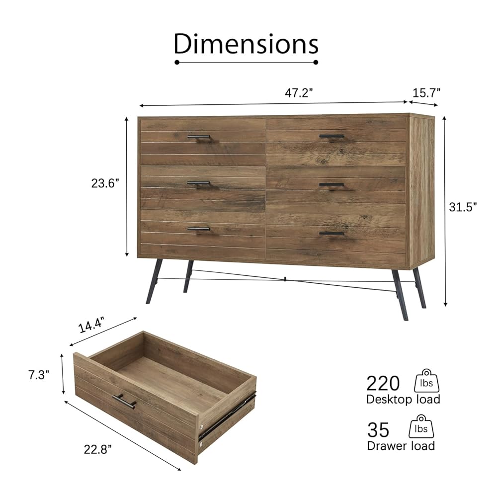 Rustic Walnut 6-Drawer Storage Cabinet Dresser & TV Stand