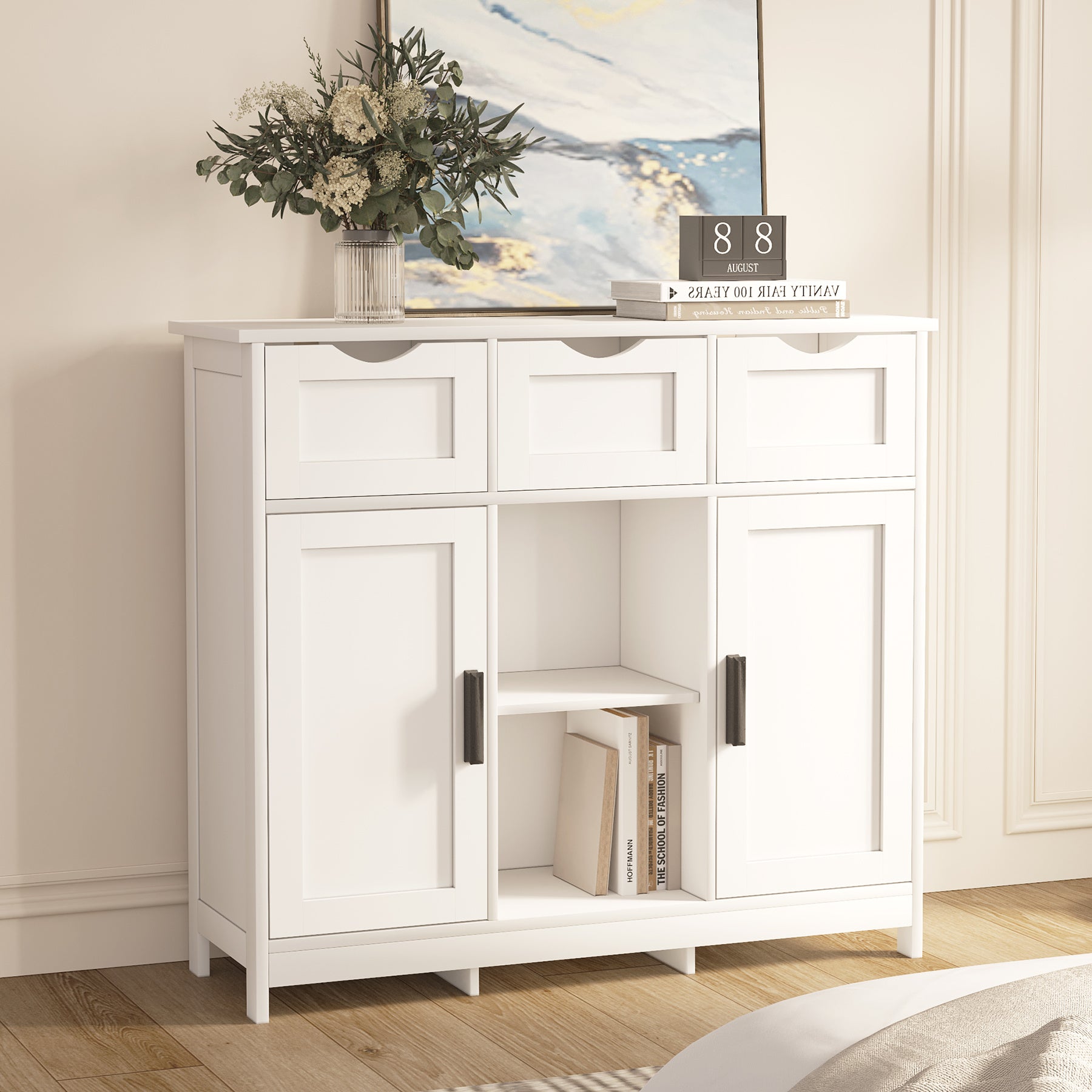 3 Drawers Open Shelf White Cabinets & Shelves