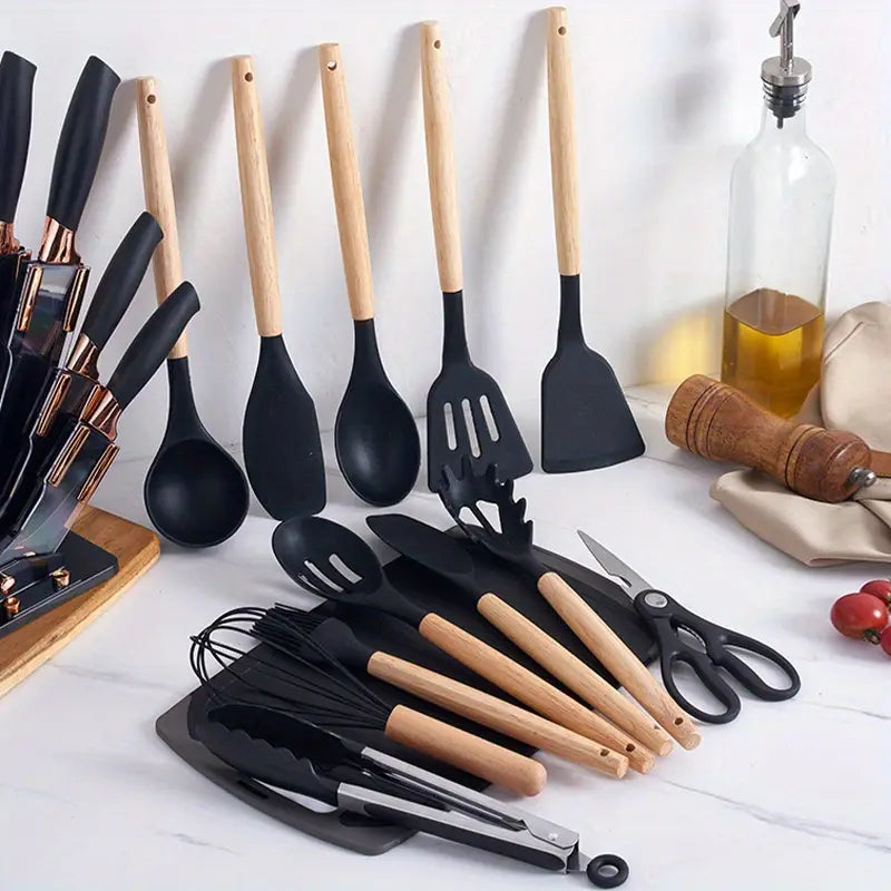 19pcs Silicone Kitchen Utensil Set With Wooden Handles