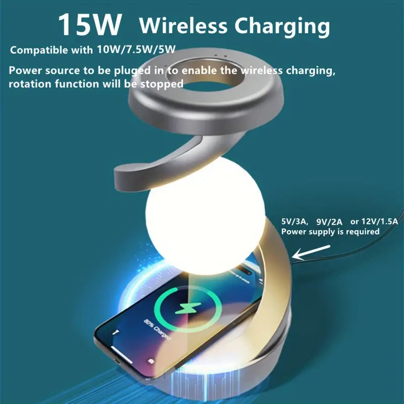 Wireless charging device with smartphone on a blue background