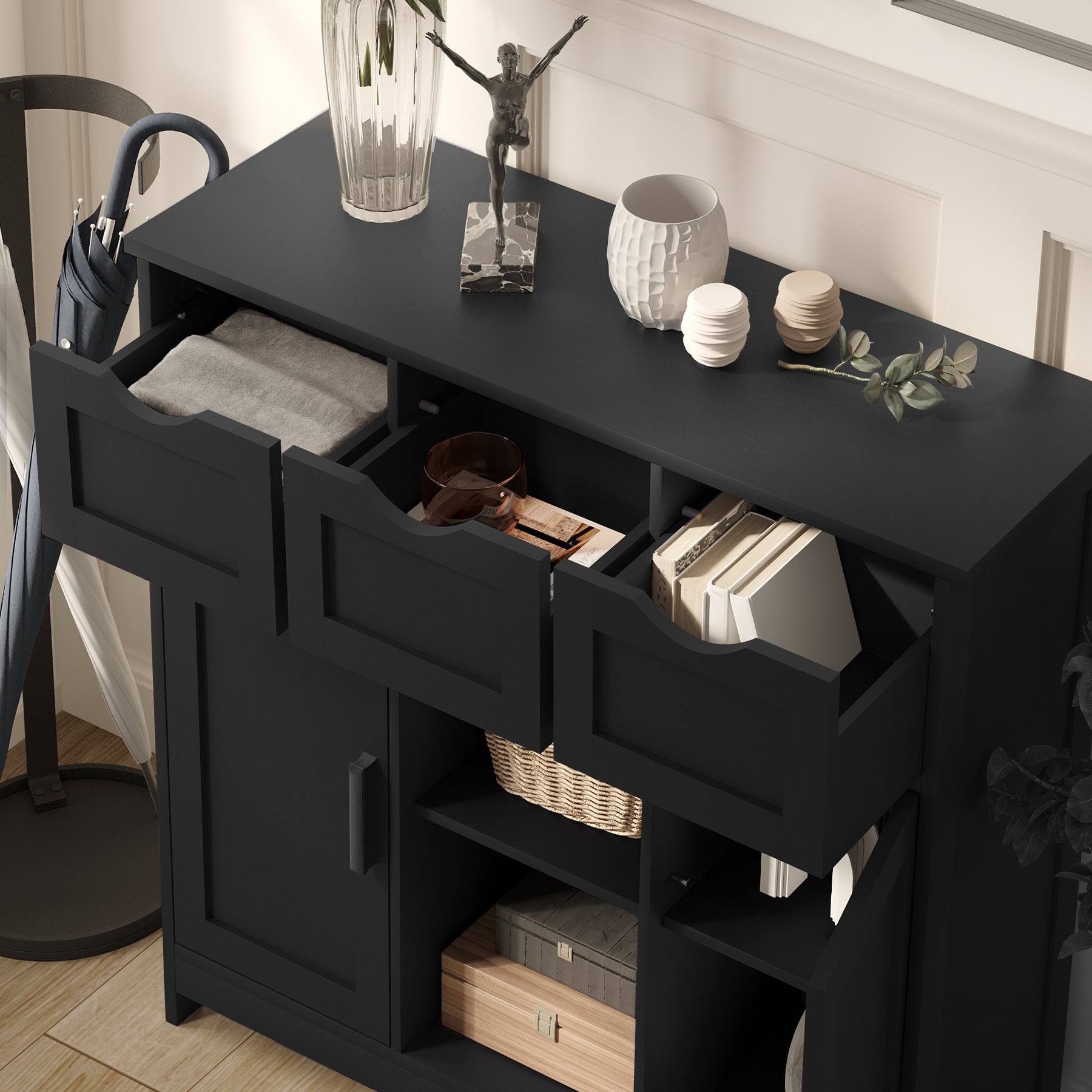35" Double Doors Storage Cabinet with Open Shelf Drawers