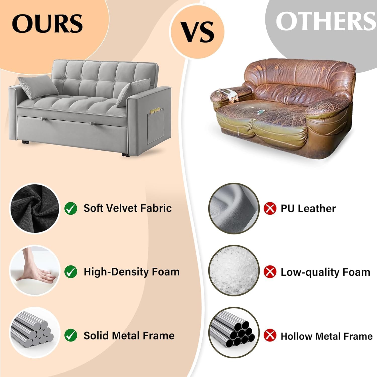 3 in 1 Convertible Sleeper Futon Sofa Bed with Side Pocket