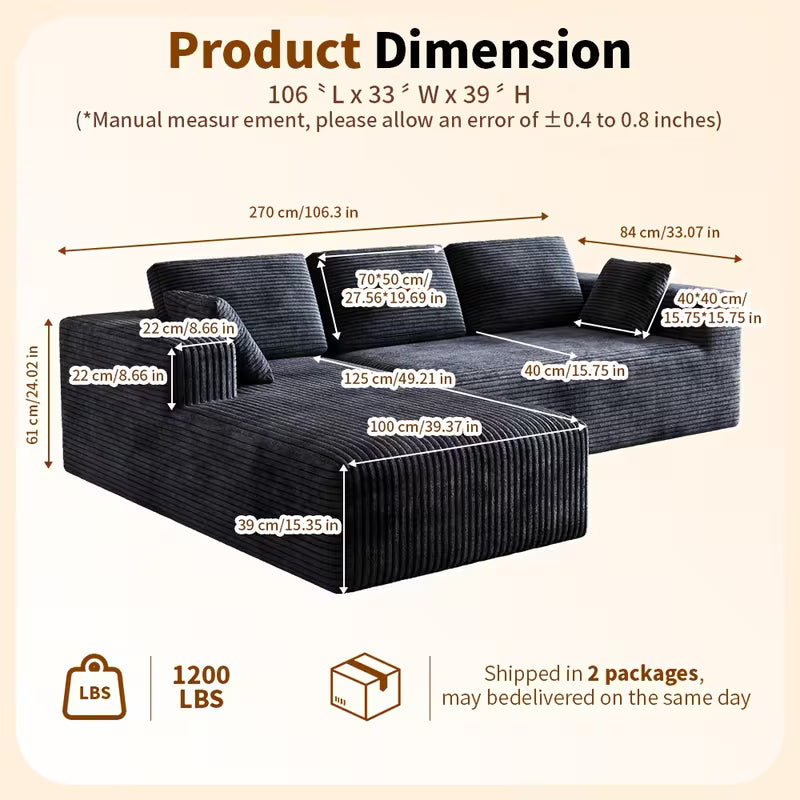 L-Shaped Sectional Sofa Couch with Right-Sided Chaise