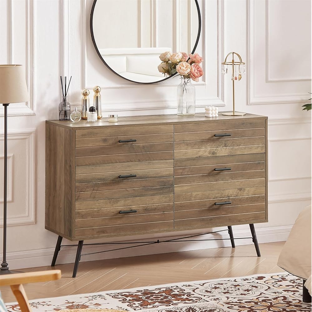 Rustic Walnut 6-Drawer Storage Cabinet Dresser & TV Stand