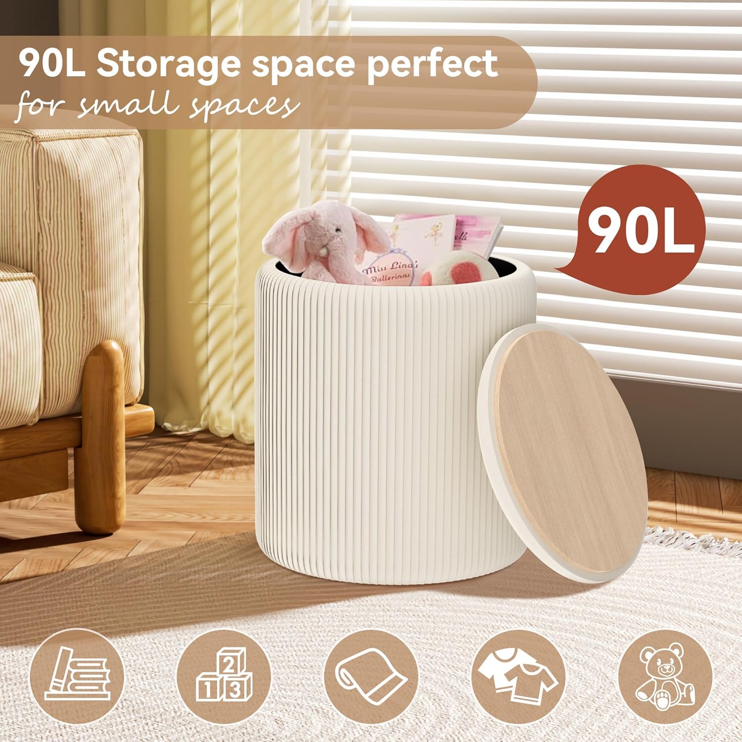 2 Pcs Set Round Ottoman Vanity Stool With Storage
