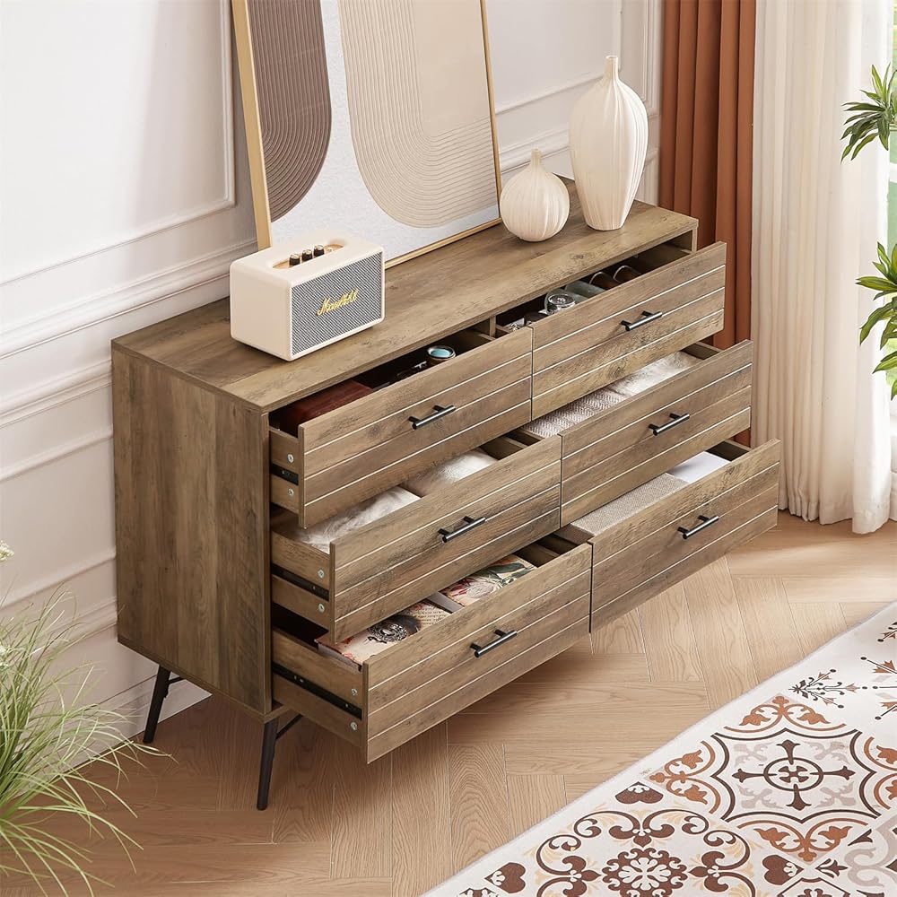 Rustic Walnut 6-Drawer Storage Cabinet Dresser & TV Stand