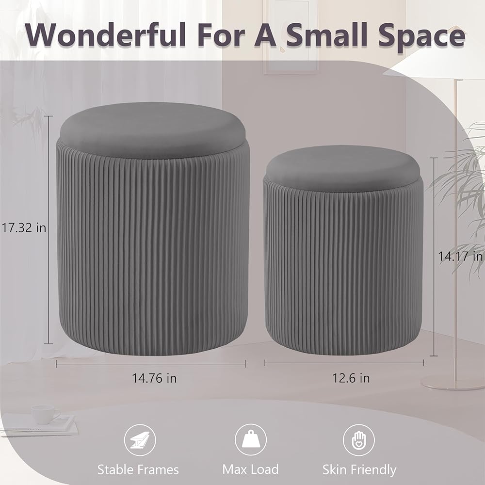 2 Pcs Set Round Ottoman Vanity Stool With Storage