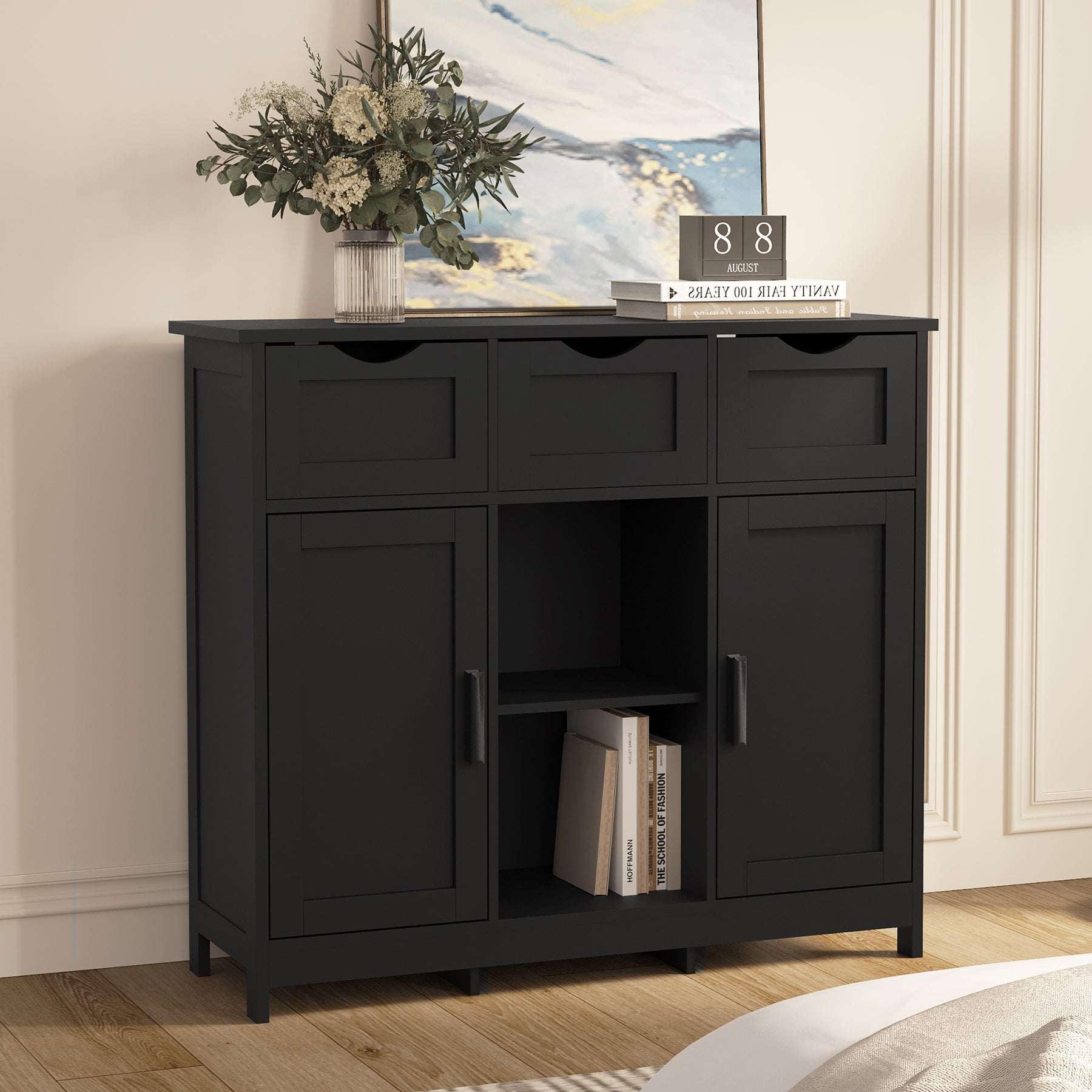 35" Double Doors Storage Cabinet with Open Shelf Drawers