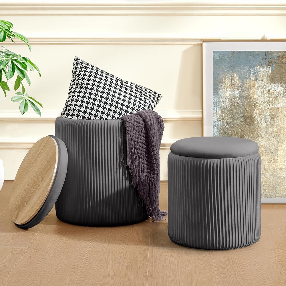 2 Pcs Set Round Ottoman Vanity Stool With Storage
