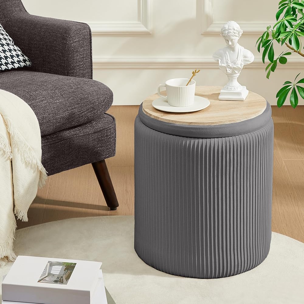 2 Pcs Set Round Ottoman Vanity Stool With Storage