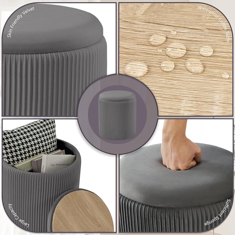 2 Pcs Set Round Ottoman Vanity Stool With Storage